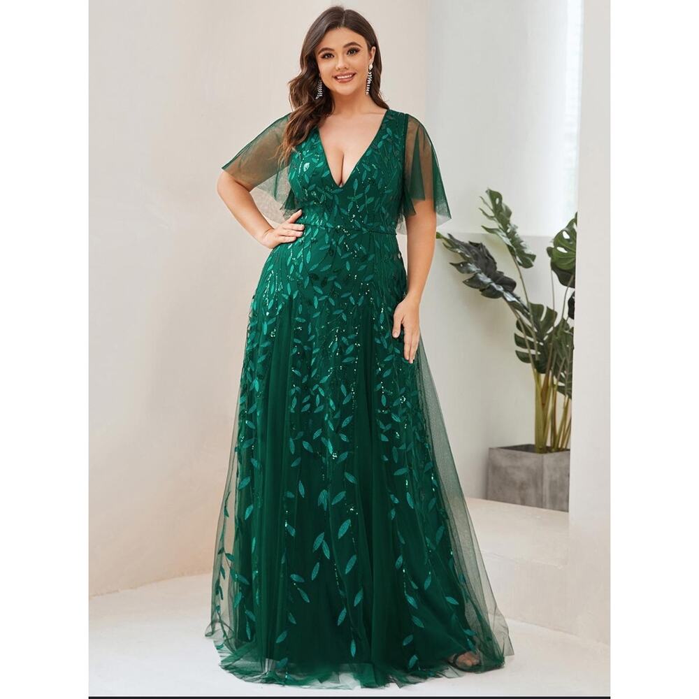NEW Elegant Evening Dress Plus Size 26 Long V-Neck Chiffon Sequin Short Sleeve
